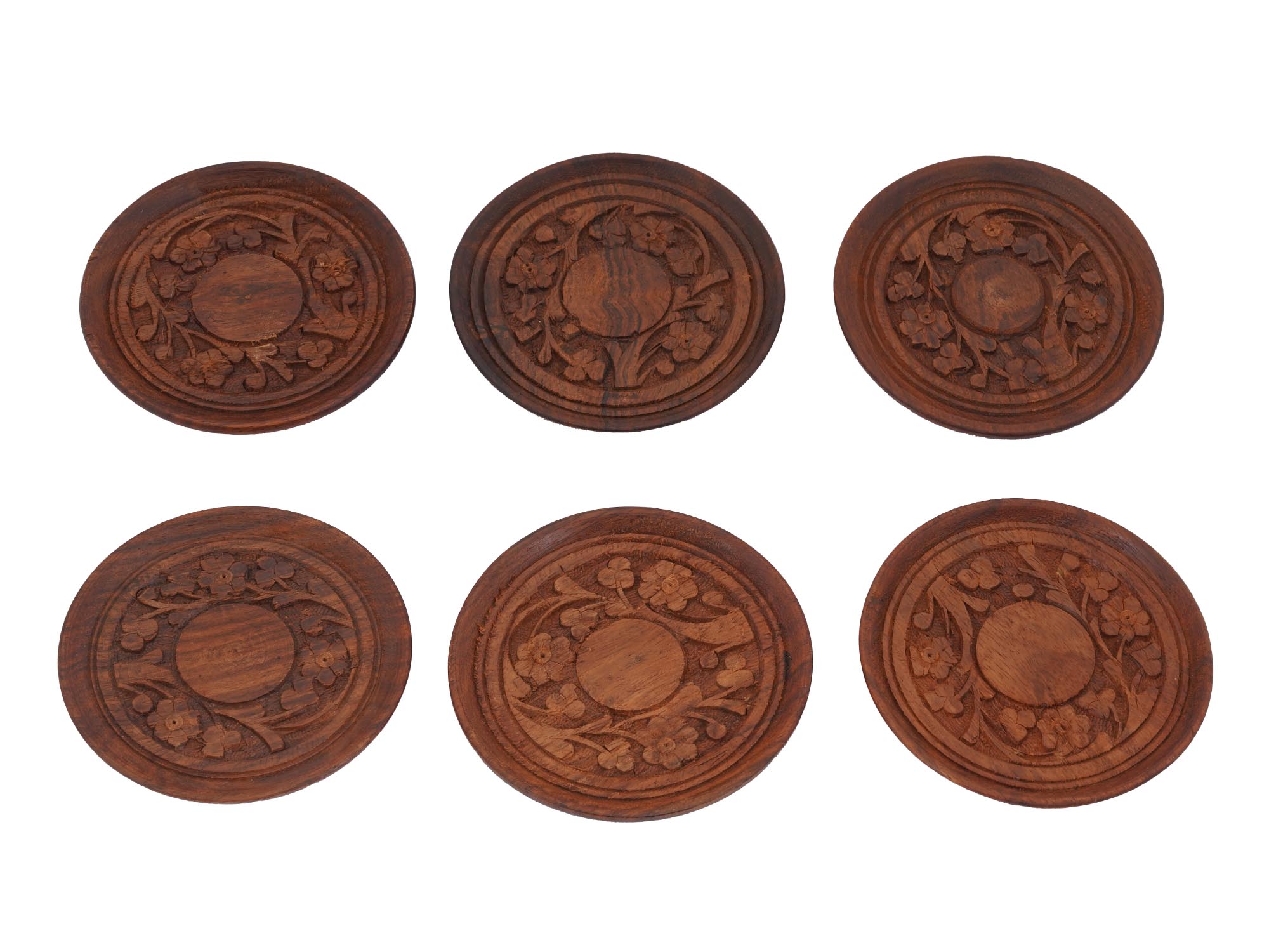 SET OF SIX HAND CARVED WOODEN COASTERS WITH STAND PIC-1